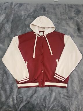 Cream and Burgundy Fleece-Lined Hoodie